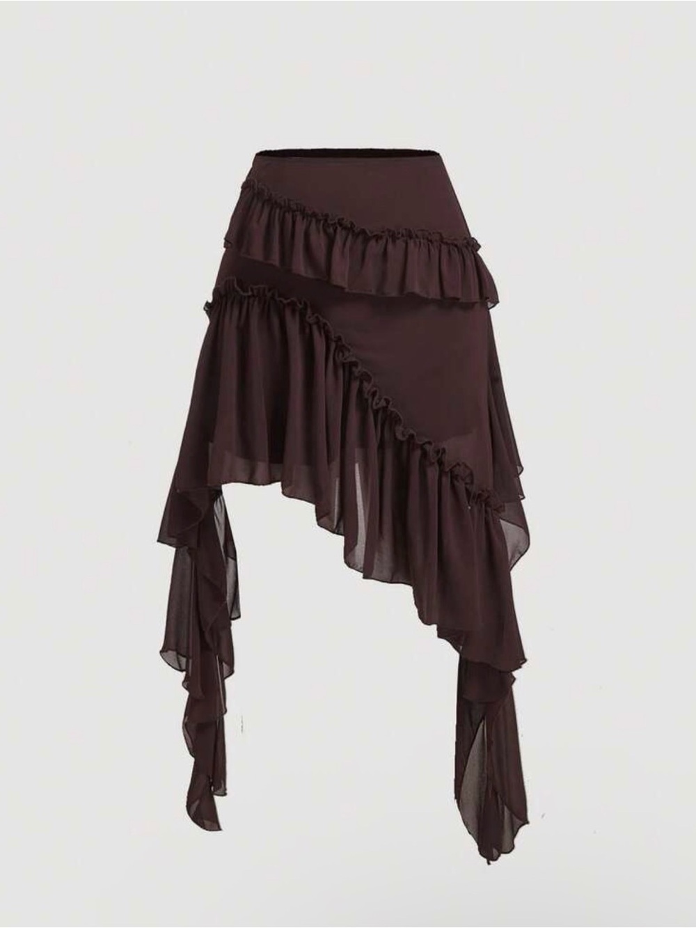 Dark Brown Asymmetrical Ruffled Chiffon Skirt